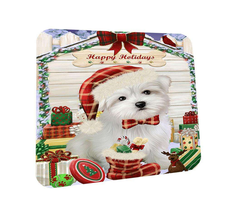 Happy Holidays Christmas Maltese Dog House With Presents Coasters Set of 4 CST52061