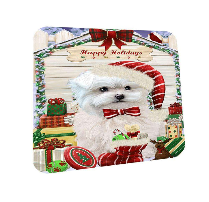 Happy Holidays Christmas Maltese Dog House With Presents Coasters Set of 4 CST52062
