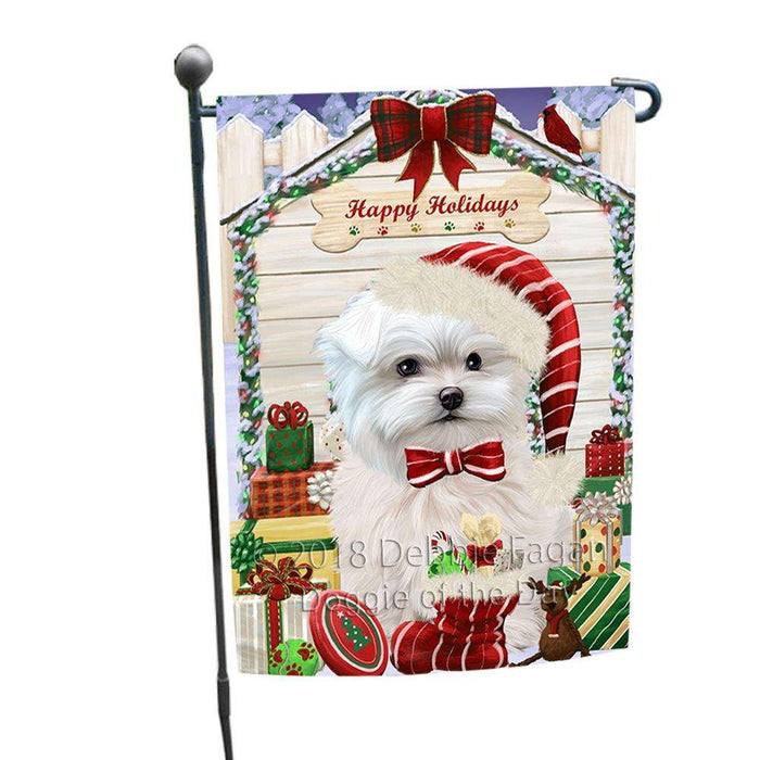 Happy Holidays Christmas Maltese Dog House With Presents Garden Flag GFLG52100