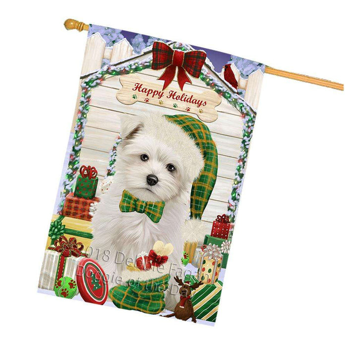 Happy Holidays Christmas Maltese Dog House With Presents House Flag FLG52233