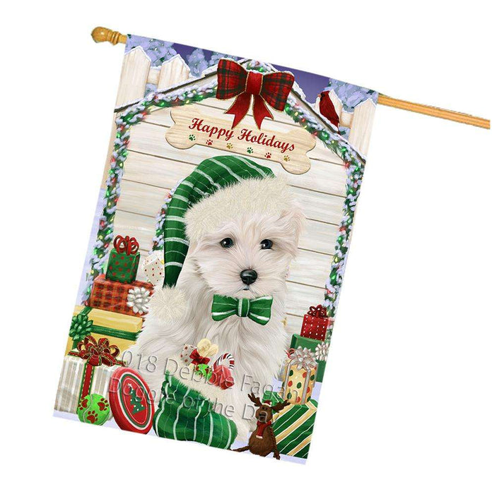 Happy Holidays Christmas Maltese Dog House With Presents House Flag FLG52234
