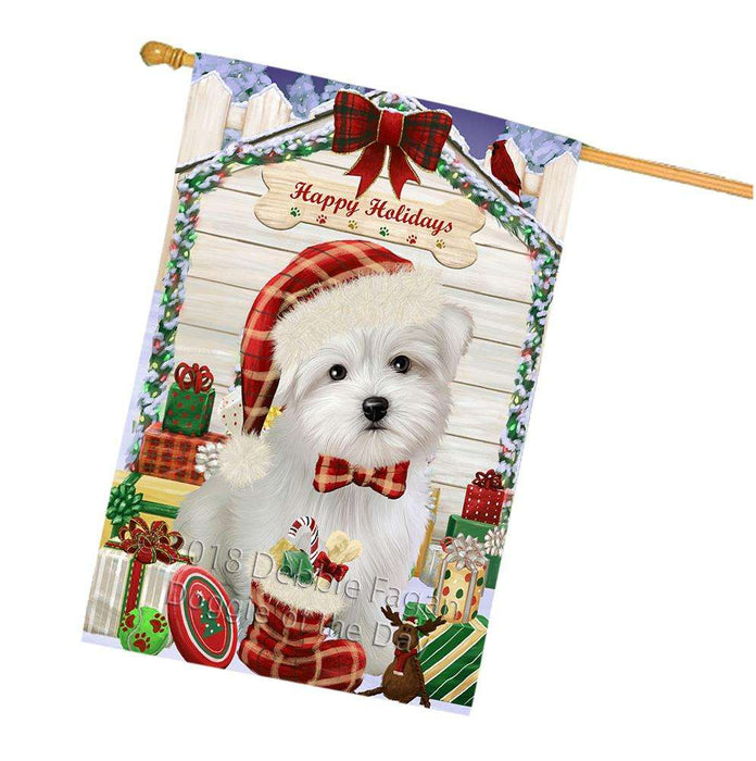 Happy Holidays Christmas Maltese Dog House With Presents House Flag FLG52235