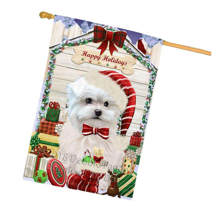 Happy Holidays Christmas Maltese Dog House With Presents House Flag FLG52236