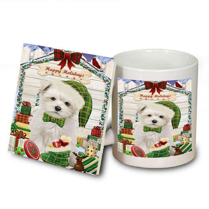 Happy Holidays Christmas Maltese Dog House With Presents Mug and Coaster Set MUC52092