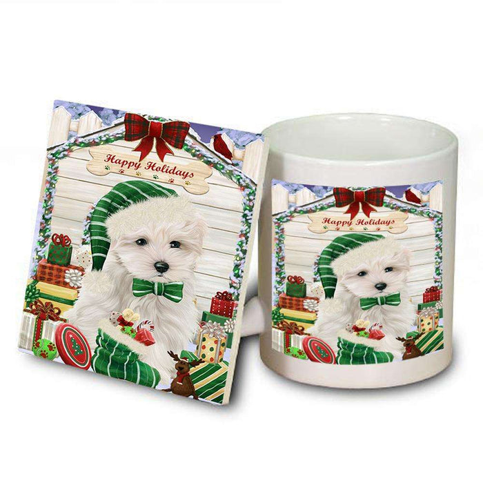 Happy Holidays Christmas Maltese Dog House With Presents Mug and Coaster Set MUC52093