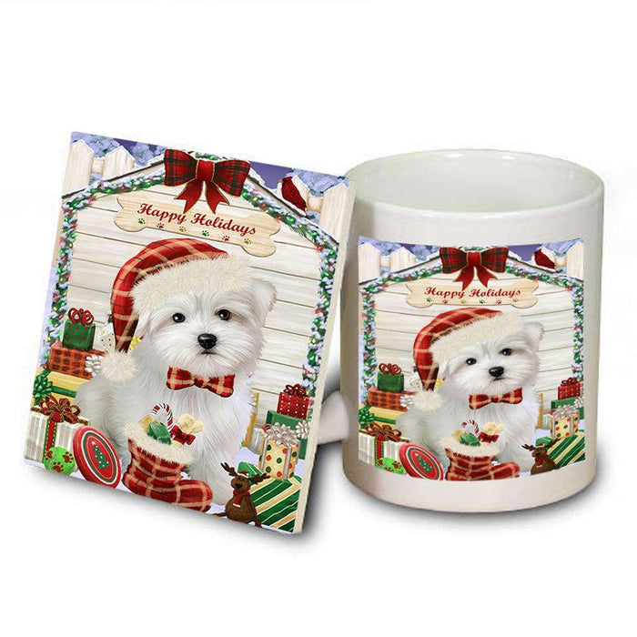 Happy Holidays Christmas Maltese Dog House With Presents Mug and Coaster Set MUC52094