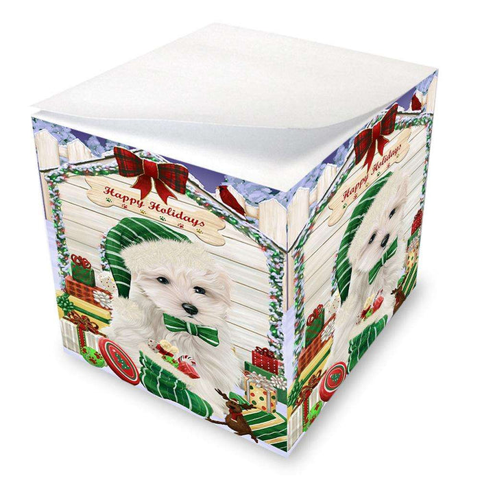 Happy Holidays Christmas Maltese Dog House With Presents Note Cube NOC52101