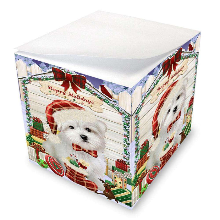Happy Holidays Christmas Maltese Dog House With Presents Note Cube NOC52102