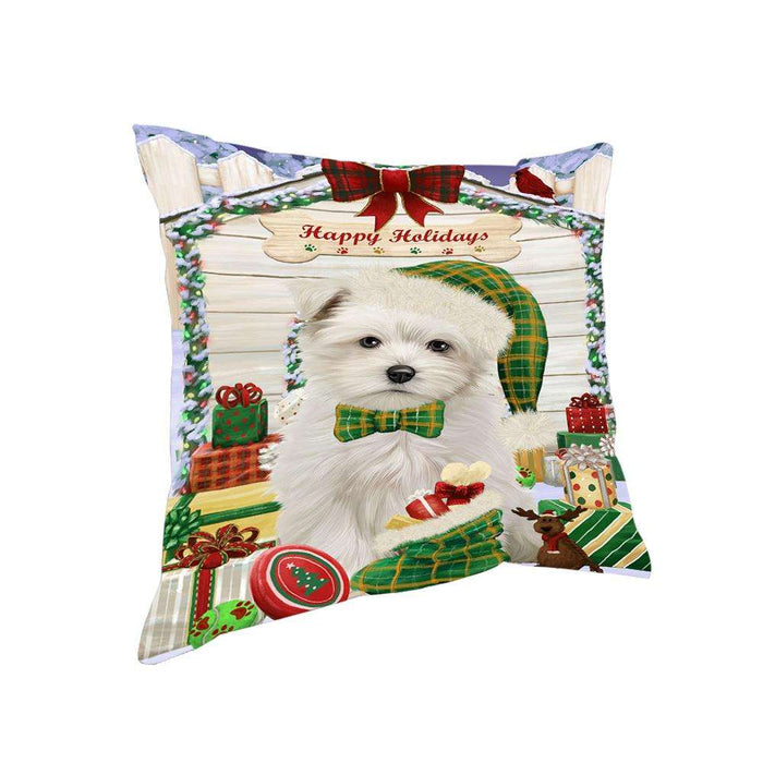 Happy Holidays Christmas Maltese Dog House With Presents Pillow PIL64764