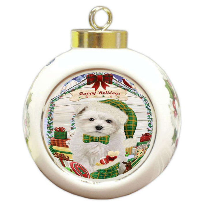Happy Holidays Christmas Maltese Dog House With Presents Round Ball Christmas Ornament RBPOR52100