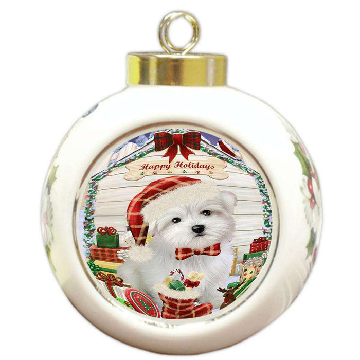 Happy Holidays Christmas Maltese Dog House With Presents Round Ball Christmas Ornament RBPOR52102