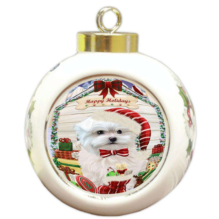 Happy Holidays Christmas Maltese Dog House With Presents Round Ball Christmas Ornament RBPOR52103