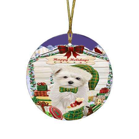 Happy Holidays Christmas Maltese Dog House With Presents Round Flat Christmas Ornament RFPOR52091