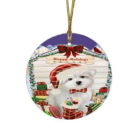 Happy Holidays Christmas Maltese Dog House With Presents Round Flat Christmas Ornament RFPOR52093