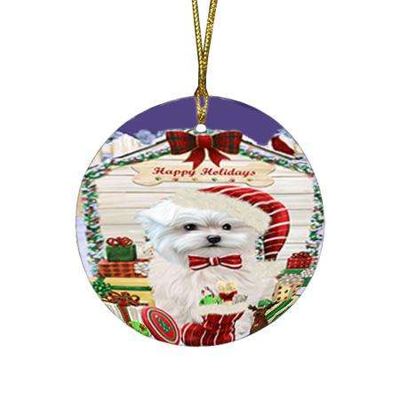 Happy Holidays Christmas Maltese Dog House With Presents Round Flat Christmas Ornament RFPOR52094