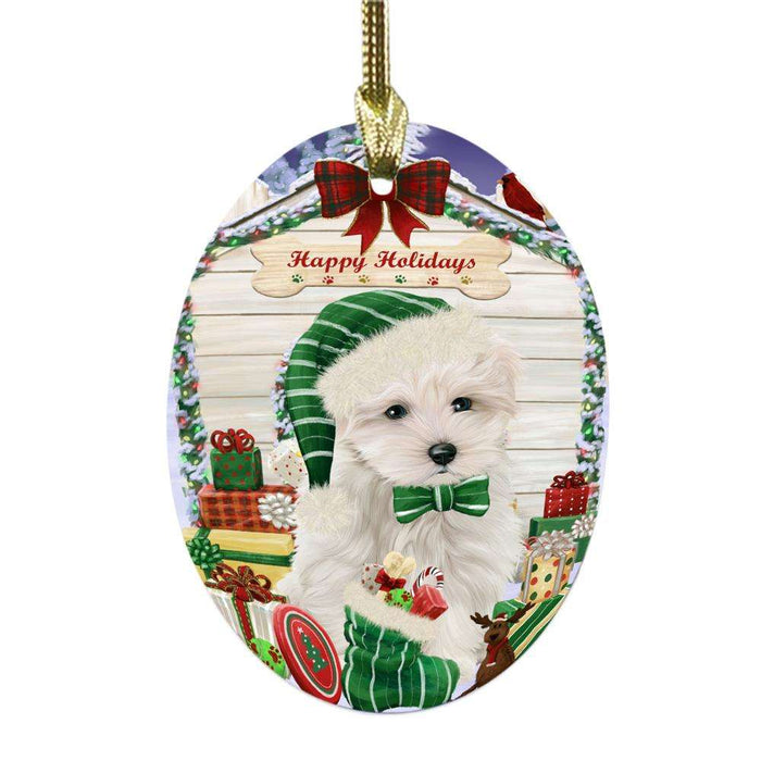 Happy Holidays Christmas Maltese House With Presents Oval Glass Christmas Ornament OGOR49895