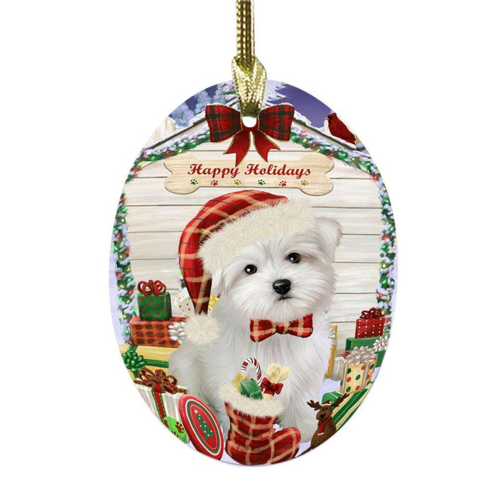 Happy Holidays Christmas Maltese House With Presents Oval Glass Christmas Ornament OGOR49896