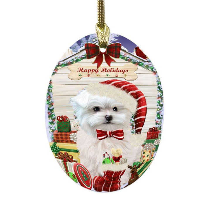 Happy Holidays Christmas Maltese House With Presents Oval Glass Christmas Ornament OGOR49897