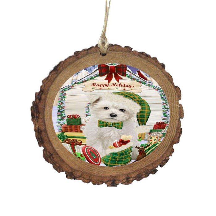 Happy Holidays Christmas Maltese House With Presents Wooden Christmas Ornament WOR49894