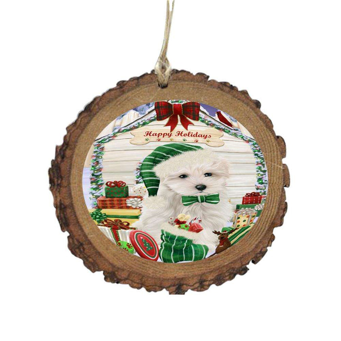Happy Holidays Christmas Maltese House With Presents Wooden Christmas Ornament WOR49895
