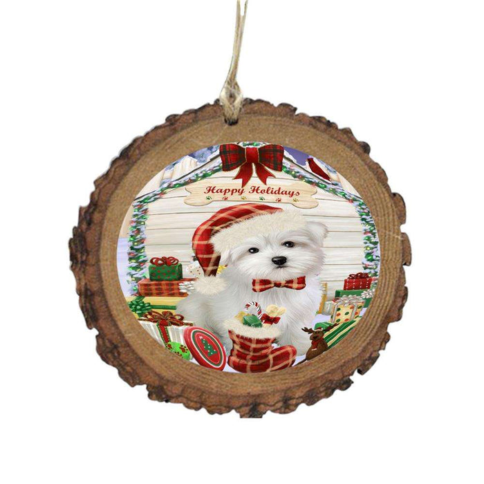 Happy Holidays Christmas Maltese House With Presents Wooden Christmas Ornament WOR49896