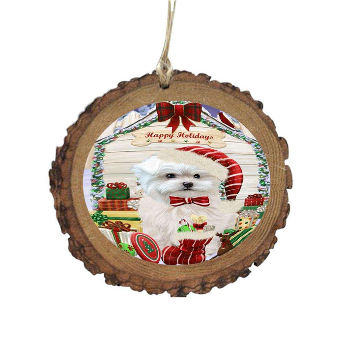Happy Holidays Christmas Maltese House With Presents Wooden Christmas Ornament WOR49897