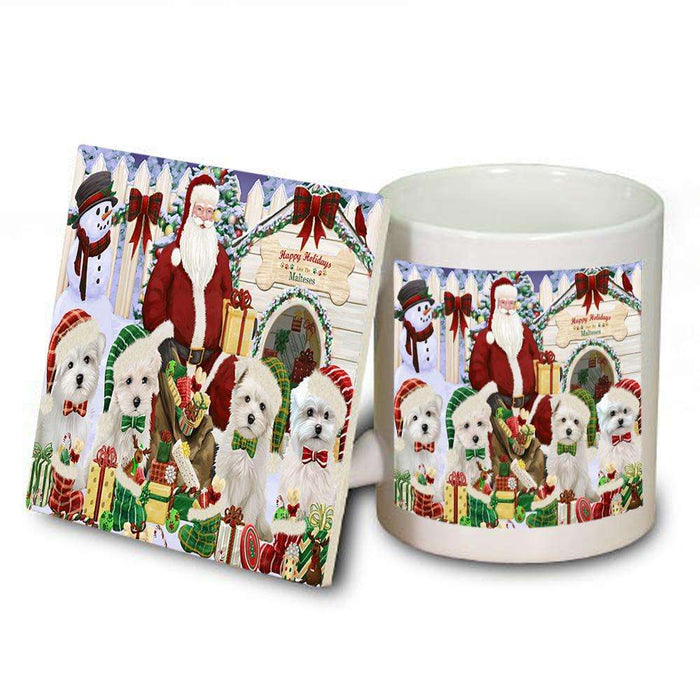 Happy Holidays Christmas Malteses Dog House Gathering Mug and Coaster Set MUC52077