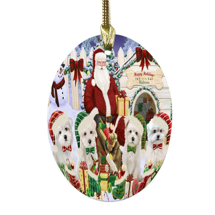 Happy Holidays Christmas Malteses Dog House Gathering Oval Glass Christmas Ornament OGOR49710