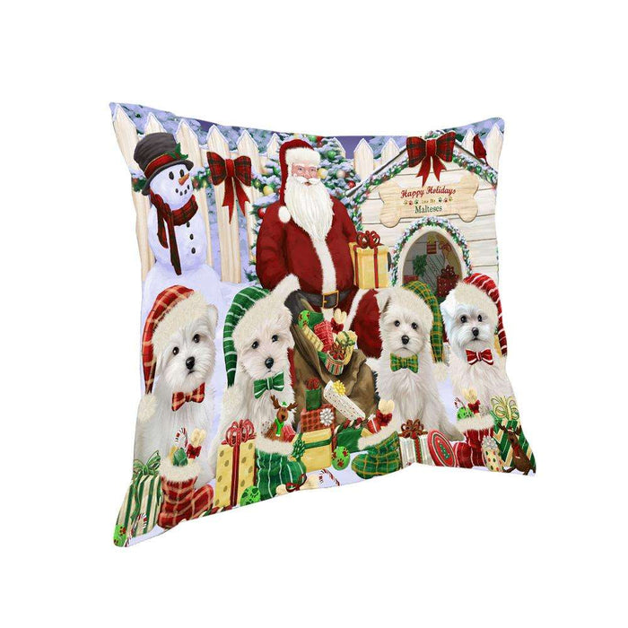Happy Holidays Christmas Malteses Dog House Gathering Pillow PIL64704