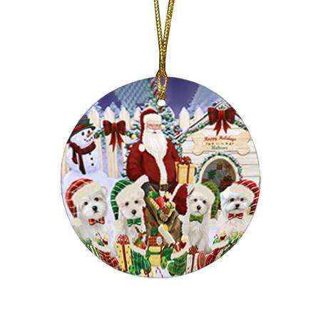 Happy Holidays Christmas Malteses Dog House Gathering Round Flat Christmas Ornament RFPOR52076