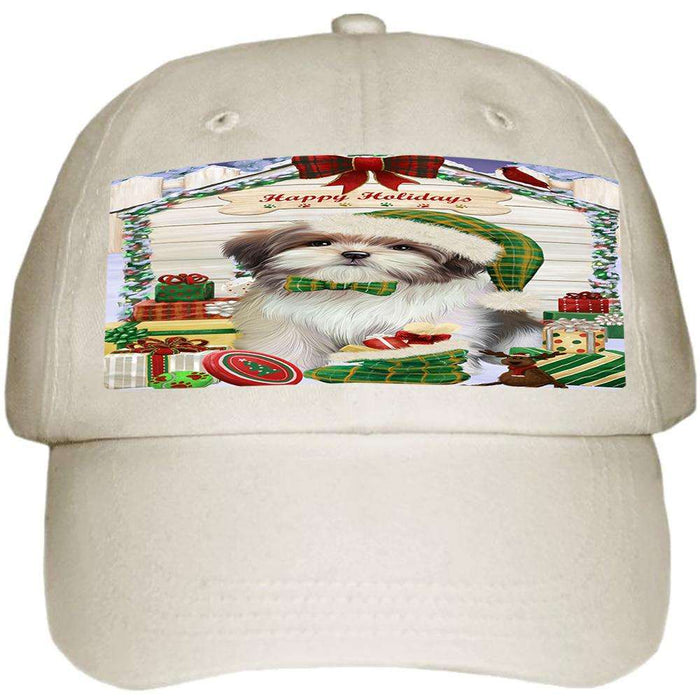 Happy Holidays Christmas Malti Tzu Dog House With Presents Ball Hat Cap HAT60201