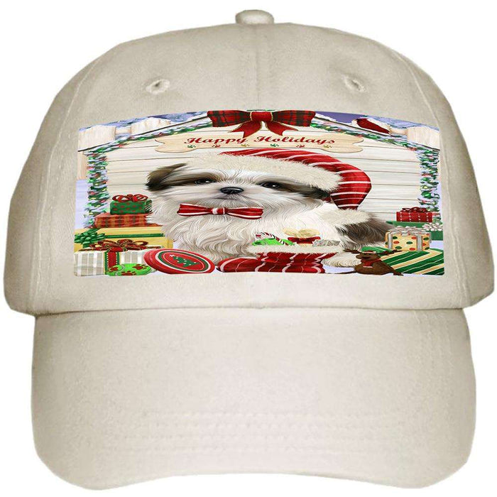 Happy Holidays Christmas Malti Tzu Dog House With Presents Ball Hat Cap HAT60210