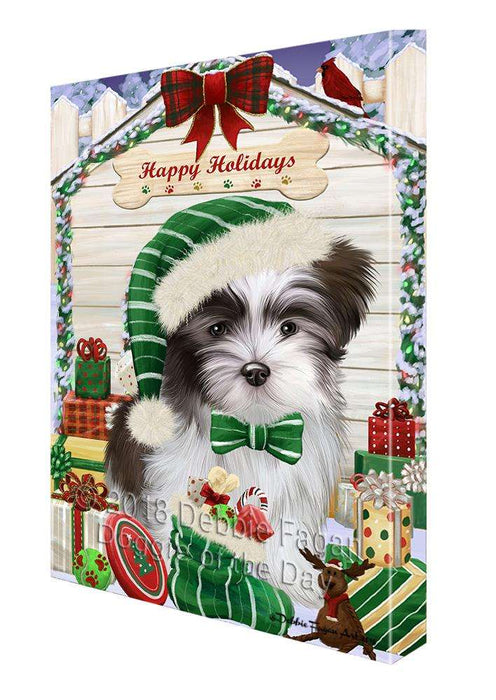 Happy Holidays Christmas Malti Tzu Dog House With Presents Canvas Print Wall Art Décor CVS86210