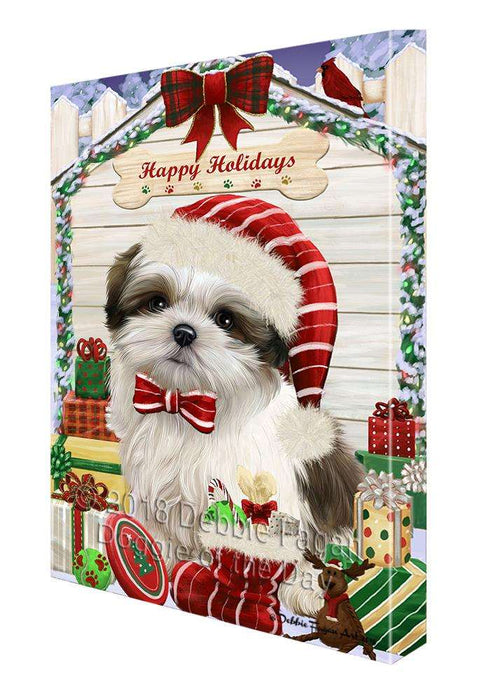 Happy Holidays Christmas Malti Tzu Dog House With Presents Canvas Print Wall Art Décor CVS86228