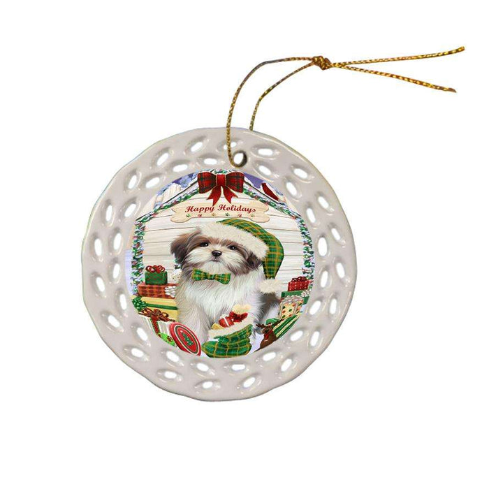 Happy Holidays Christmas Malti Tzu Dog House With Presents Ceramic Doily Ornament DPOR52104