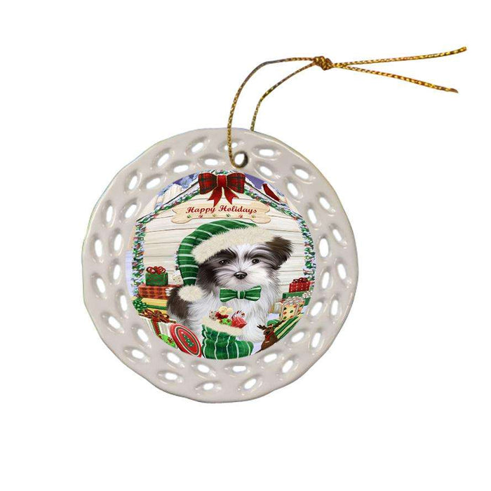 Happy Holidays Christmas Malti Tzu Dog House With Presents Ceramic Doily Ornament DPOR52105