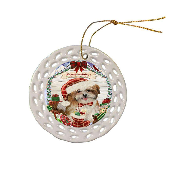 Happy Holidays Christmas Malti Tzu Dog House With Presents Ceramic Doily Ornament DPOR52106