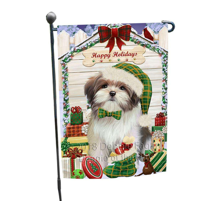 Happy Holidays Christmas Malti Tzu Dog House With Presents Garden Flag GFLG52101