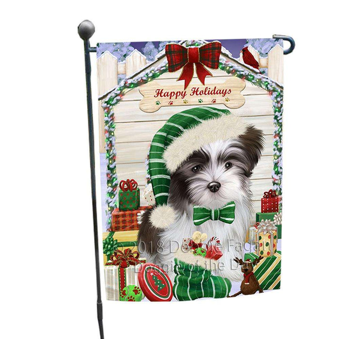Happy Holidays Christmas Malti Tzu Dog House With Presents Garden Flag GFLG52102