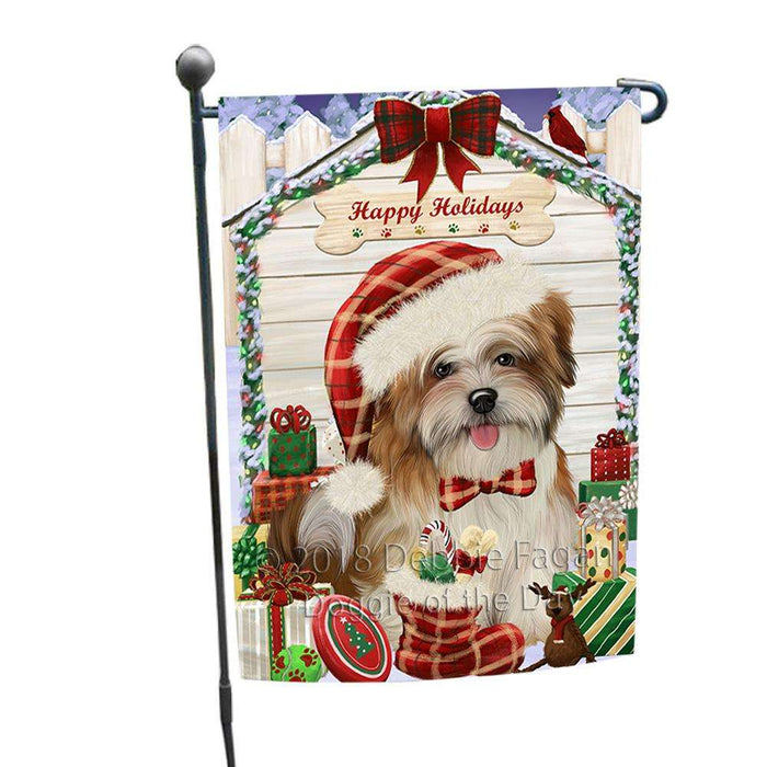 Happy Holidays Christmas Malti Tzu Dog House With Presents Garden Flag GFLG52103