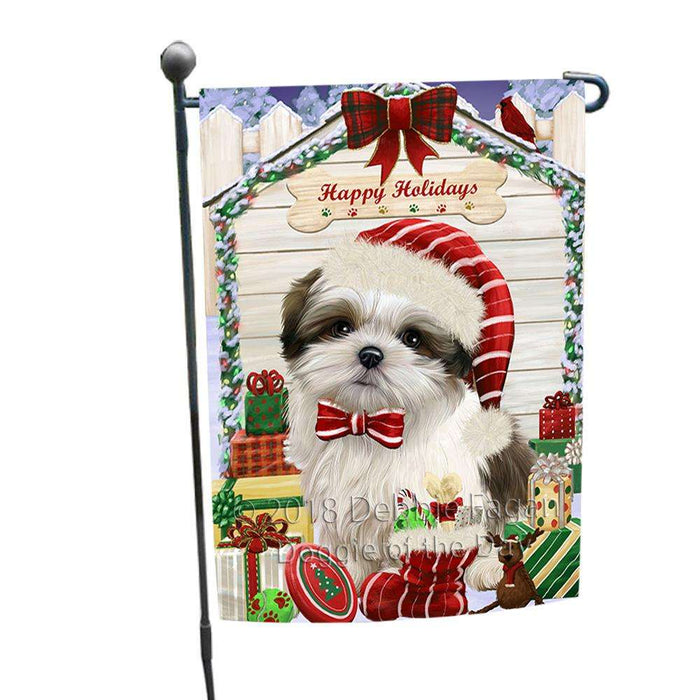 Happy Holidays Christmas Malti Tzu Dog House With Presents Garden Flag GFLG52104