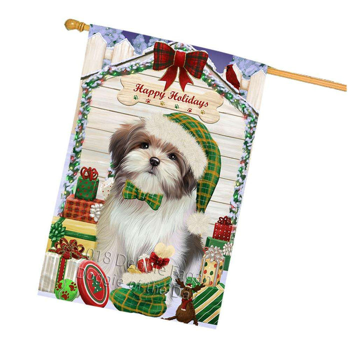 Happy Holidays Christmas Malti Tzu Dog House With Presents House Flag FLG52237