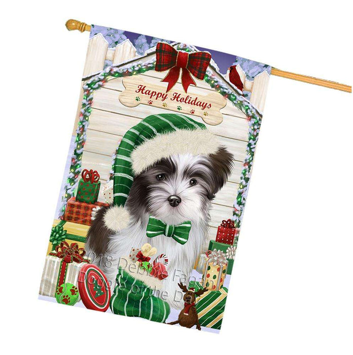 Happy Holidays Christmas Malti Tzu Dog House With Presents House Flag FLG52238