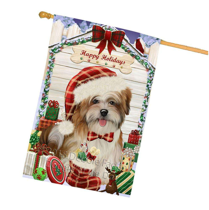 Happy Holidays Christmas Malti Tzu Dog House With Presents House Flag FLG52239