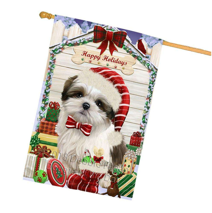 Happy Holidays Christmas Malti Tzu Dog House With Presents House Flag FLG52240