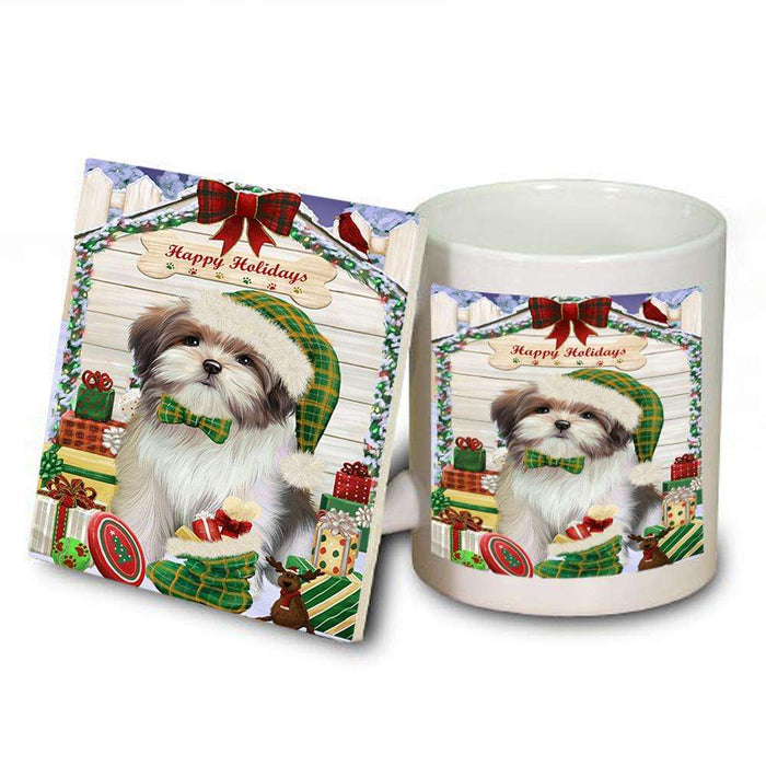 Happy Holidays Christmas Malti Tzu Dog House With Presents Mug and Coaster Set MUC52096