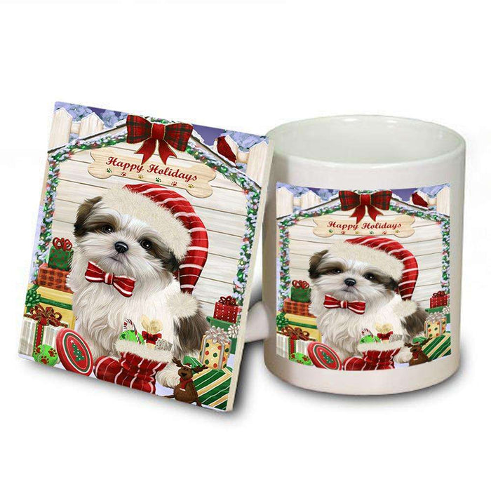 Happy Holidays Christmas Malti Tzu Dog House With Presents Mug and Coaster Set MUC52099