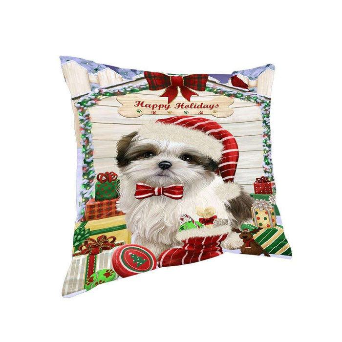 Happy Holidays Christmas Malti Tzu Dog House With Presents Pillow PIL64792