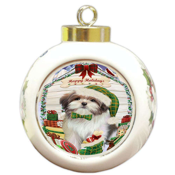 Happy Holidays Christmas Malti Tzu Dog House With Presents Round Ball Christmas Ornament RBPOR52104