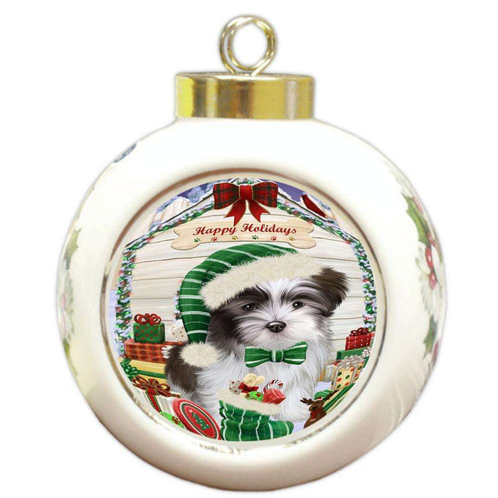 Happy Holidays Christmas Malti Tzu Dog House With Presents Round Ball Christmas Ornament RBPOR52105